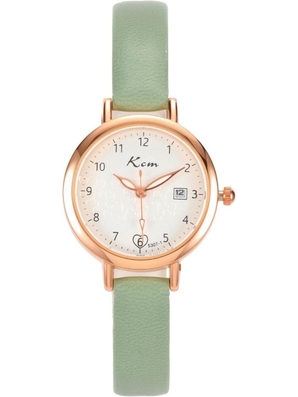 Women's Green Leather Strap Heart Dial Arabic Numerals Cute Dress Wrist Watches